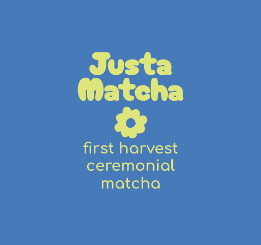 Justa Matcha logo with text on a blue background
